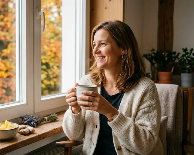 Frau mit Teetasse am Fenster im Herbst – Immunsystem stärken in Bad Nauheim
